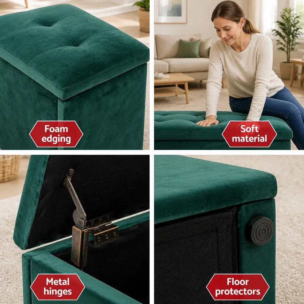 Green Velvet Storage Ottoman 140cm Lift-Up Lid Footstool Seat for Living Room and Bedroom