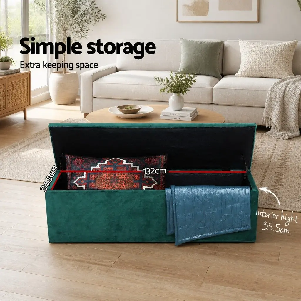 Green Velvet Storage Ottoman 140cm Lift-Up Lid Footstool Seat for Living Room and Bedroom