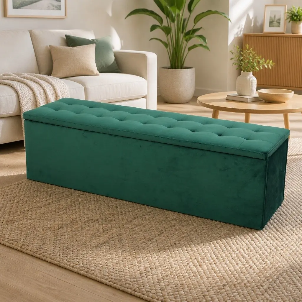 Green Velvet Storage Ottoman 140cm Lift-Up Lid Footstool Seat for Living Room and Bedroom