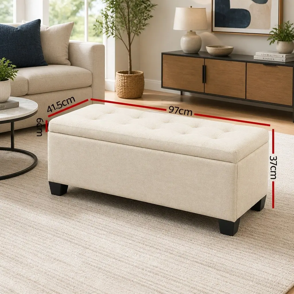 Storage Ottoman Beige 97cm Lift-Up Lid Faux Linen Fabric Bedroom Living Room Footrest