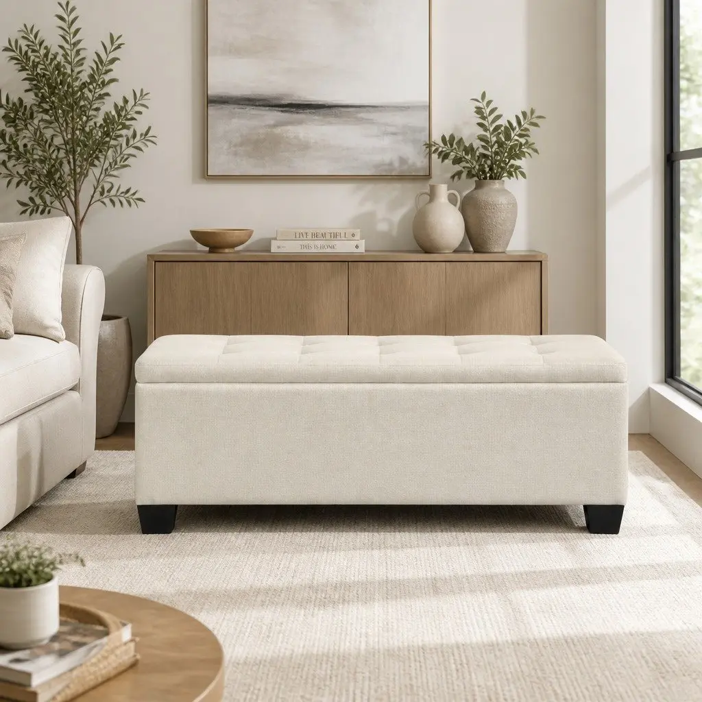 Storage Ottoman Beige 97cm Lift-Up Lid Faux Linen Fabric Bedroom Living Room Footrest