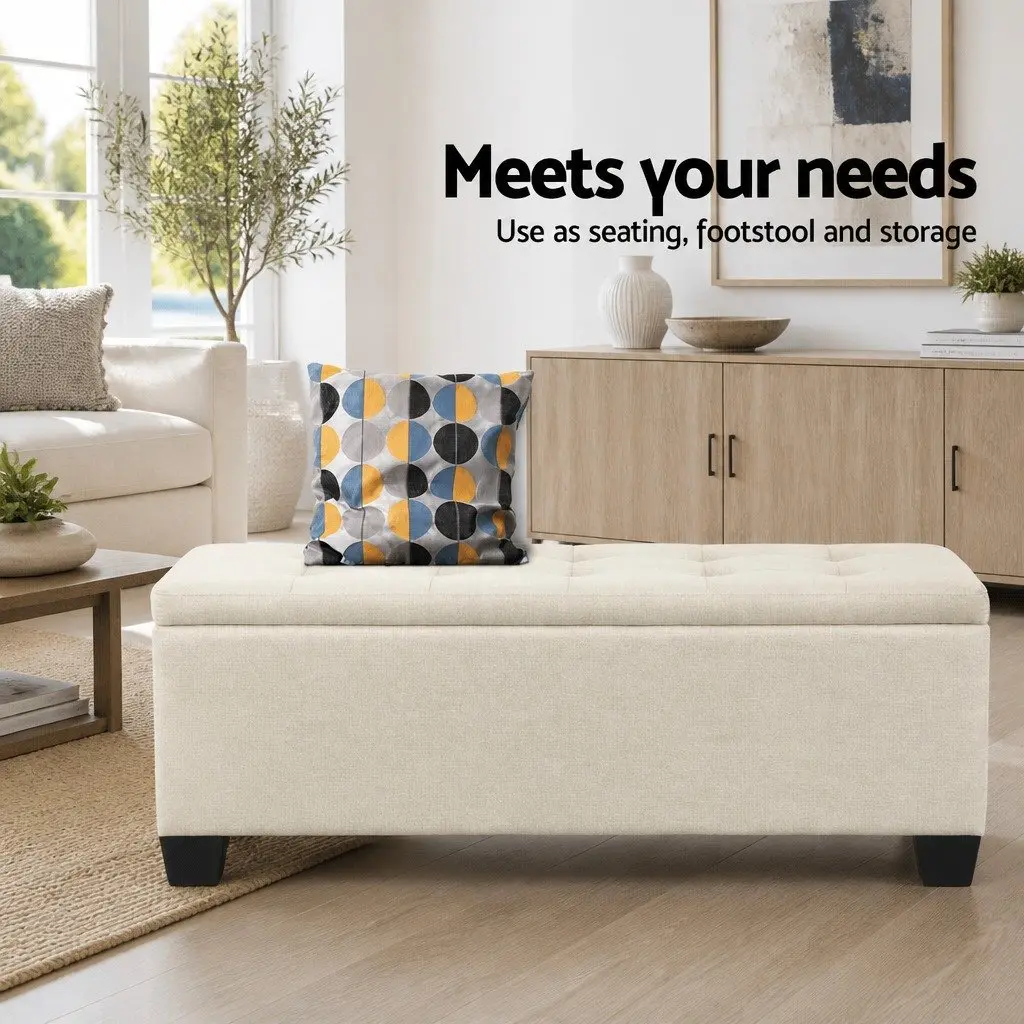 Storage Ottoman Beige 97cm Lift-Up Lid Faux Linen Fabric Bedroom Living Room Footrest