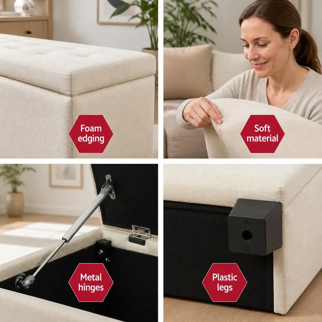 Storage Ottoman Beige 97cm Lift-Up Lid Faux Linen Fabric Bedroom Living Room Footrest