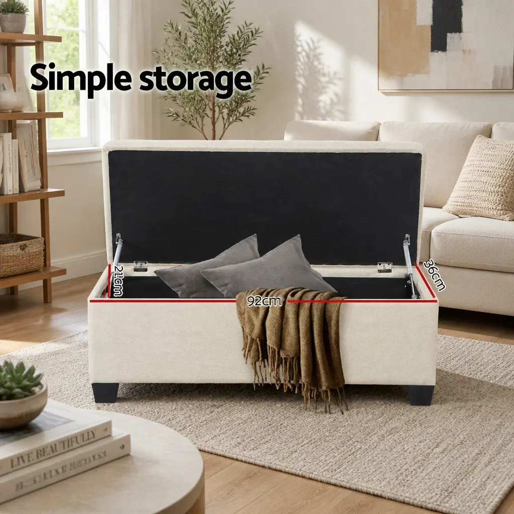 Storage Ottoman Beige 97cm Lift-Up Lid Faux Linen Fabric Bedroom Living Room Footrest