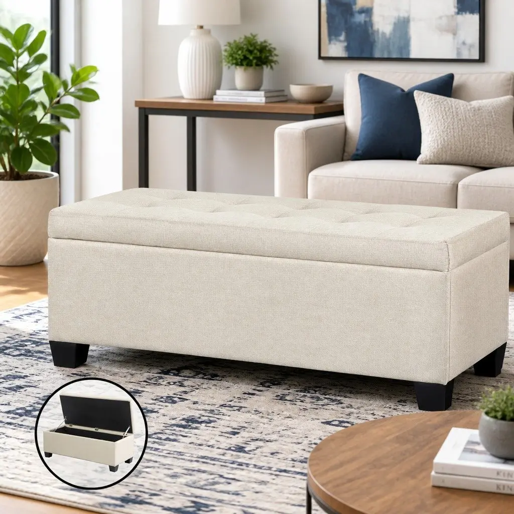 Storage Ottoman Beige 97cm Lift-Up Lid Faux Linen Fabric Bedroom Living Room Footrest