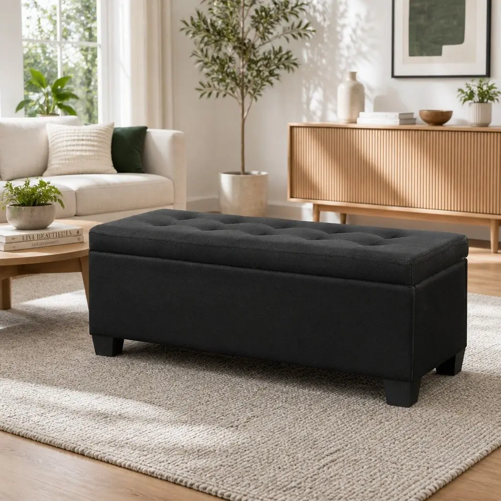Storage Ottoman Black 97cm Lift-Up Lid Faux Linen Footstool Seating