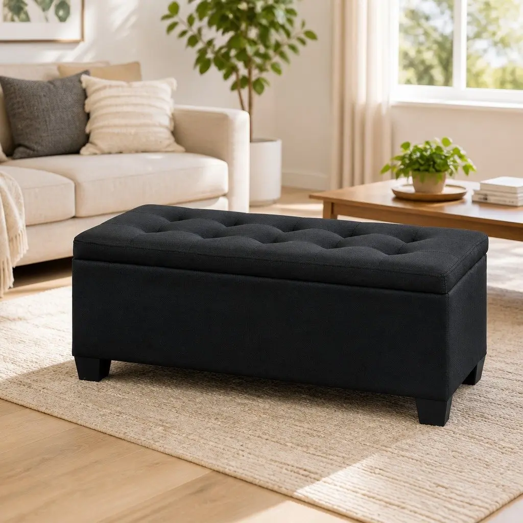 Storage Ottoman Black 97cm Lift-Up Lid Faux Linen Footstool Seating