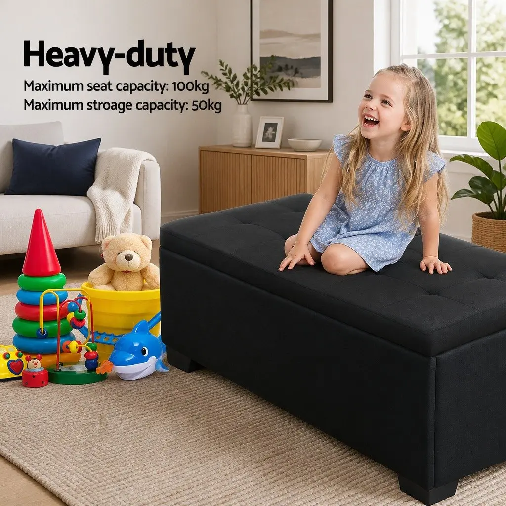 Storage Ottoman Black 97cm Lift-Up Lid Faux Linen Footstool Seating