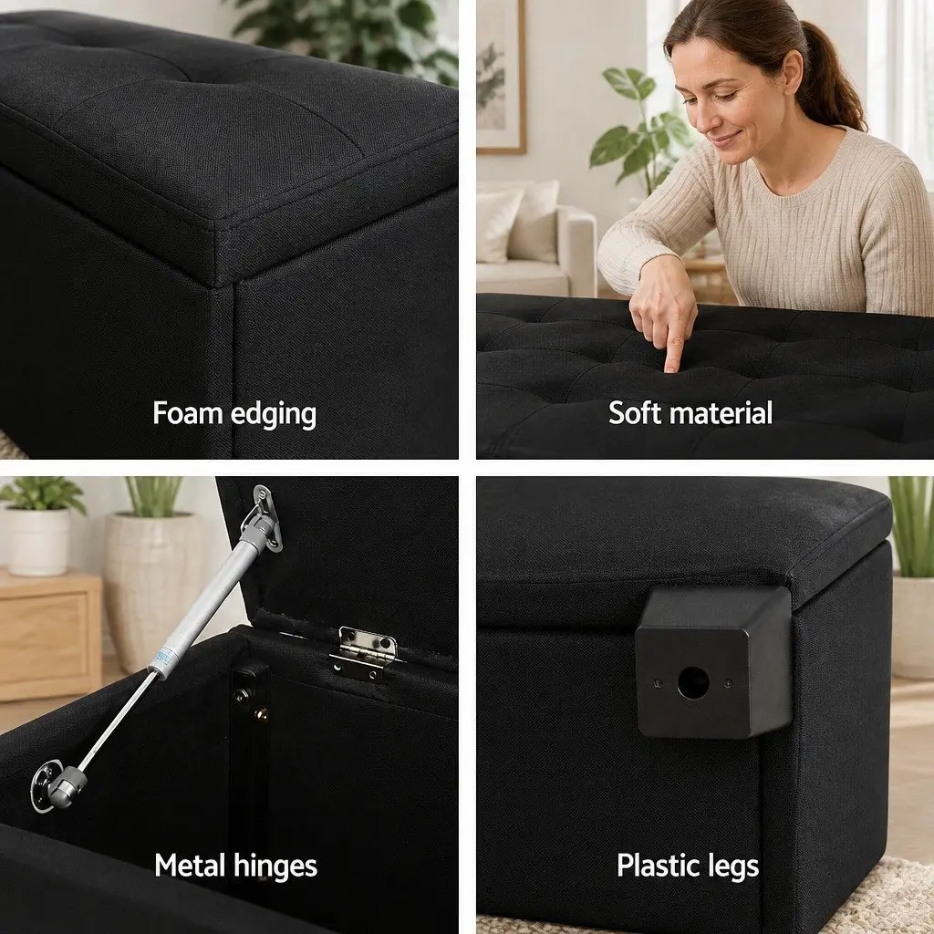 Storage Ottoman Black 97cm Lift-Up Lid Faux Linen Footstool Seating