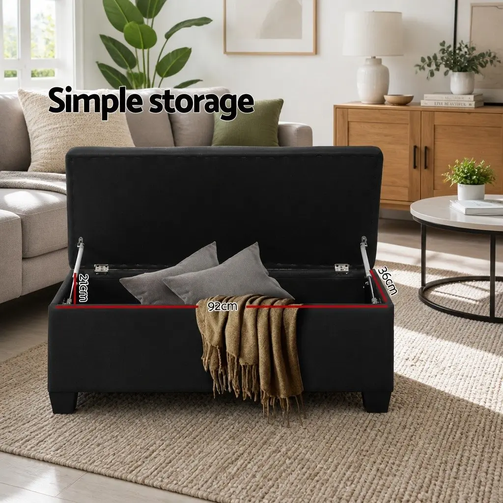 Storage Ottoman Black 97cm Lift-Up Lid Faux Linen Footstool Seating