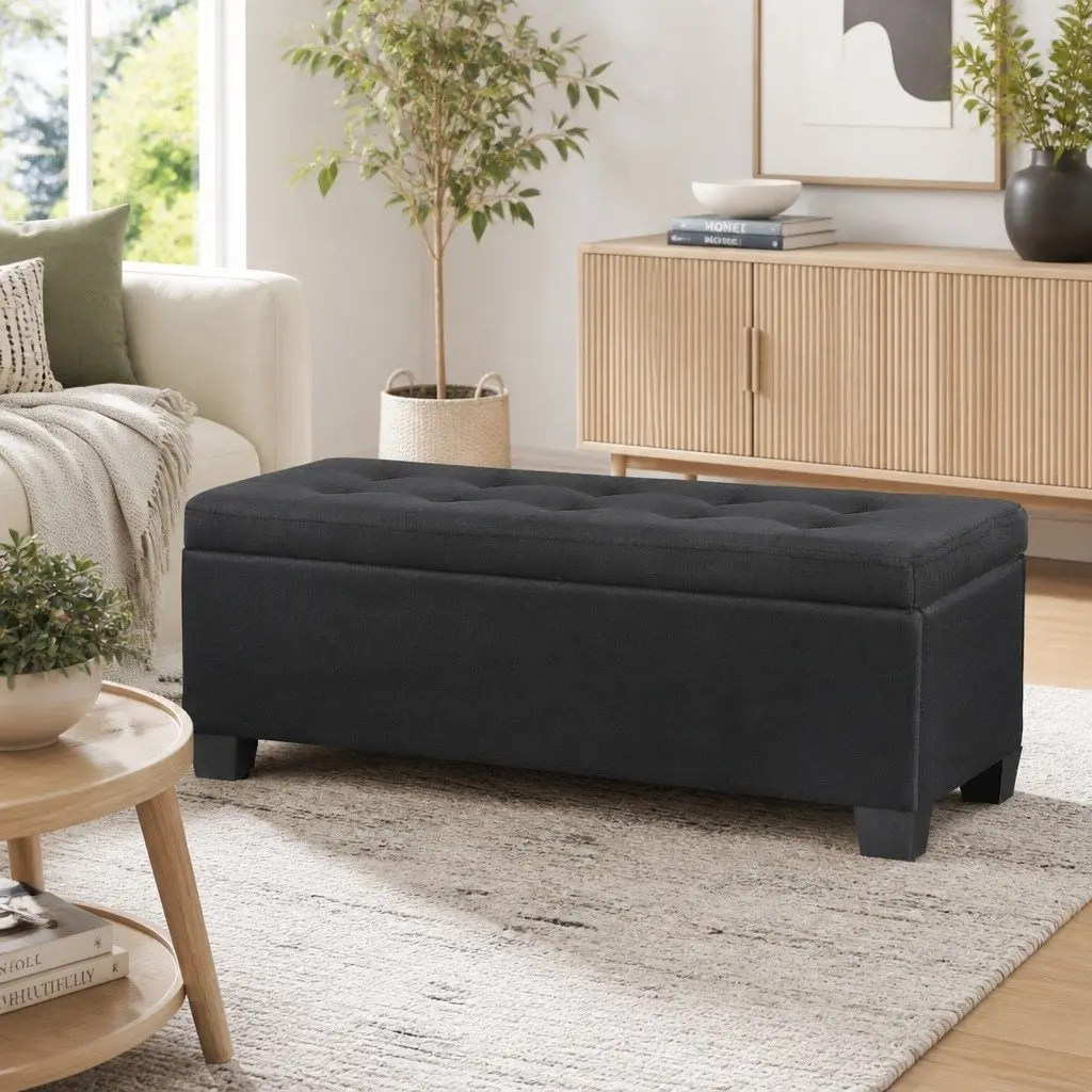 Storage Ottoman Black 97cm Lift-Up Lid Faux Linen Footstool Seating