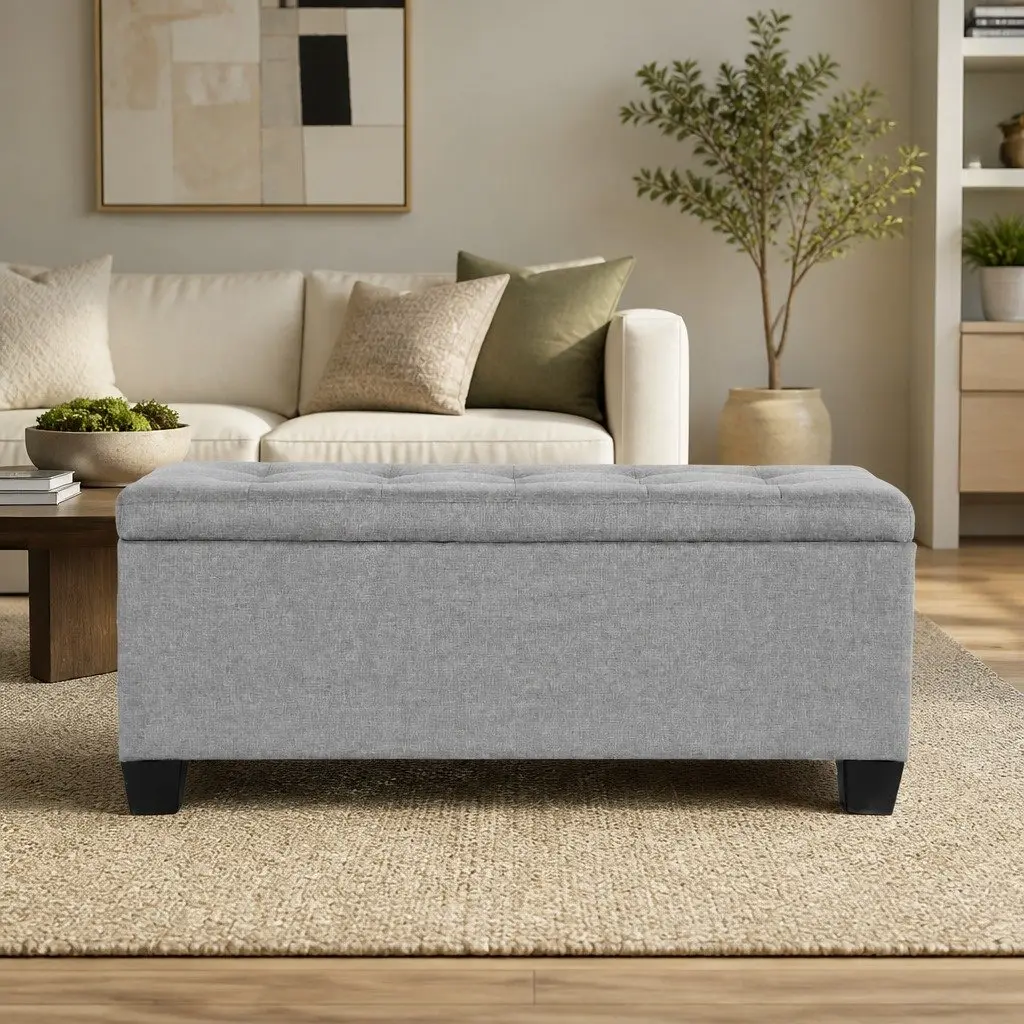 Storage Ottoman Blanket Box 97cm Light Grey Linen Lift-up Lid Lounge Seating