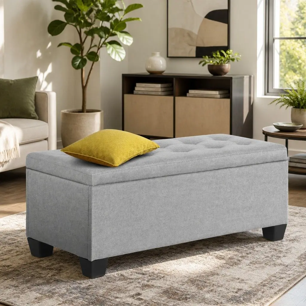 Storage Ottoman Light Grey 97cm Lift-up Lid Faux Linen Upholstered Seating
