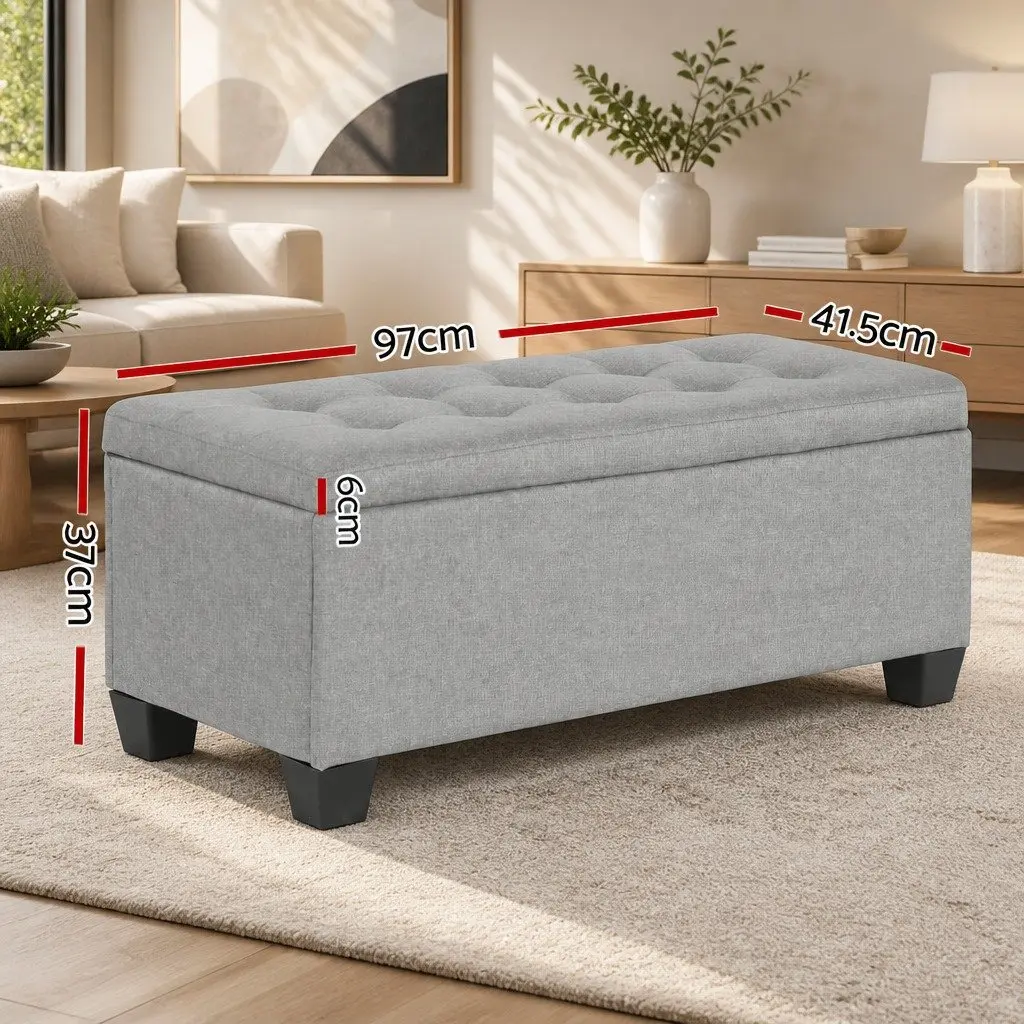 Storage Ottoman Light Grey 97cm Lift-up Lid Faux Linen Upholstered Seating