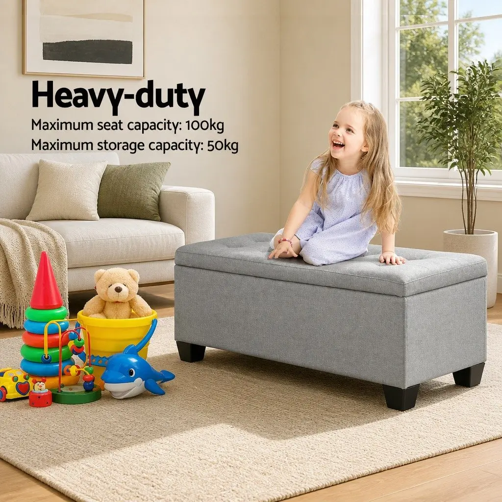 Storage Ottoman Light Grey 97cm Lift-up Lid Faux Linen Upholstered Seating