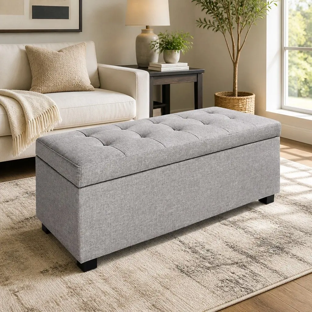 Storage Ottoman Light Grey 97cm Lift-up Lid Faux Linen Upholstered Seating