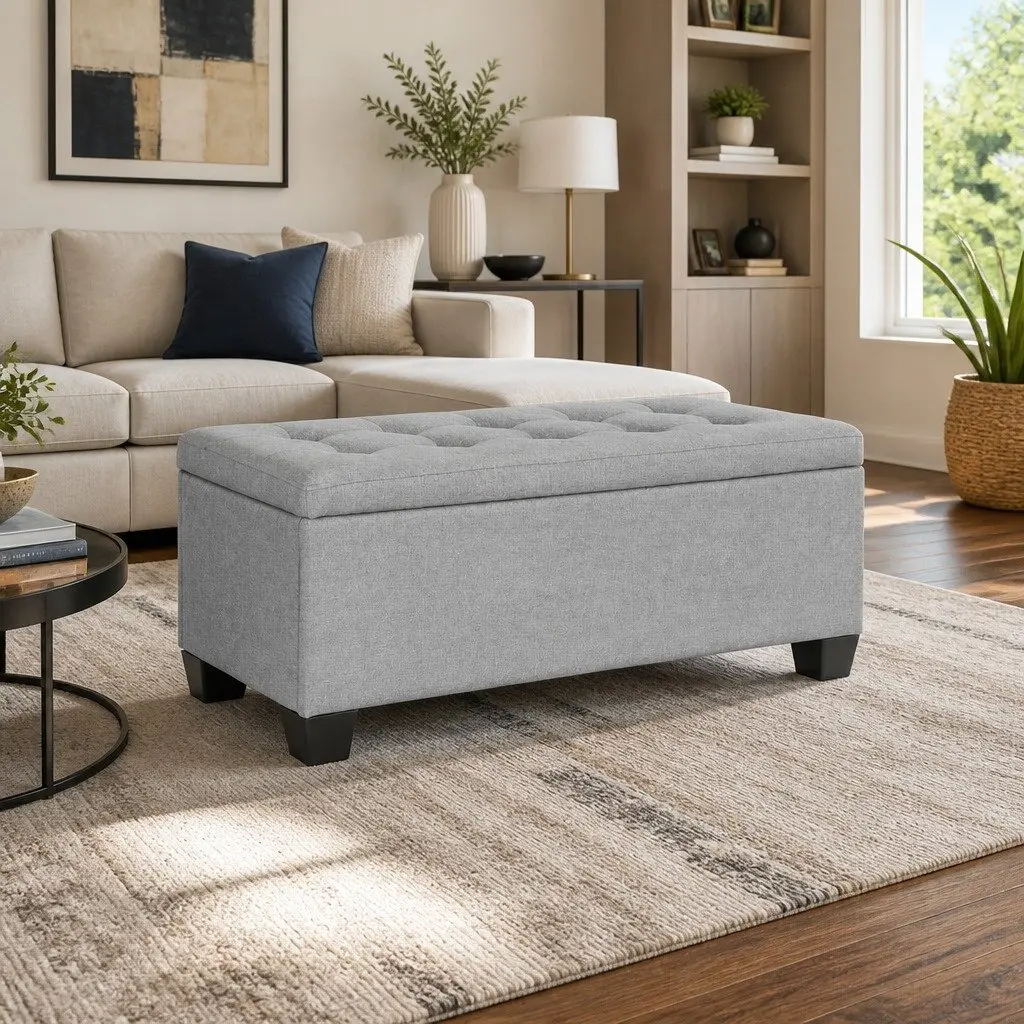 Storage Ottoman Light Grey 97cm Lift-up Lid Faux Linen Upholstered Seating