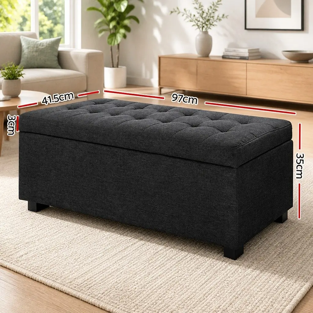 Storage Ottoman Charcoal 97cm Lift-Up Lid Faux Linen Home Furniture