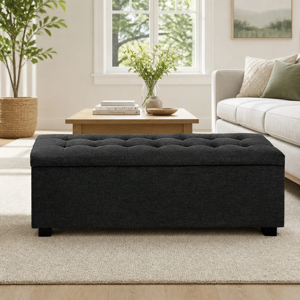 Storage Ottoman Charcoal 97cm Lift-Up Lid Faux Linen Home Furniture
