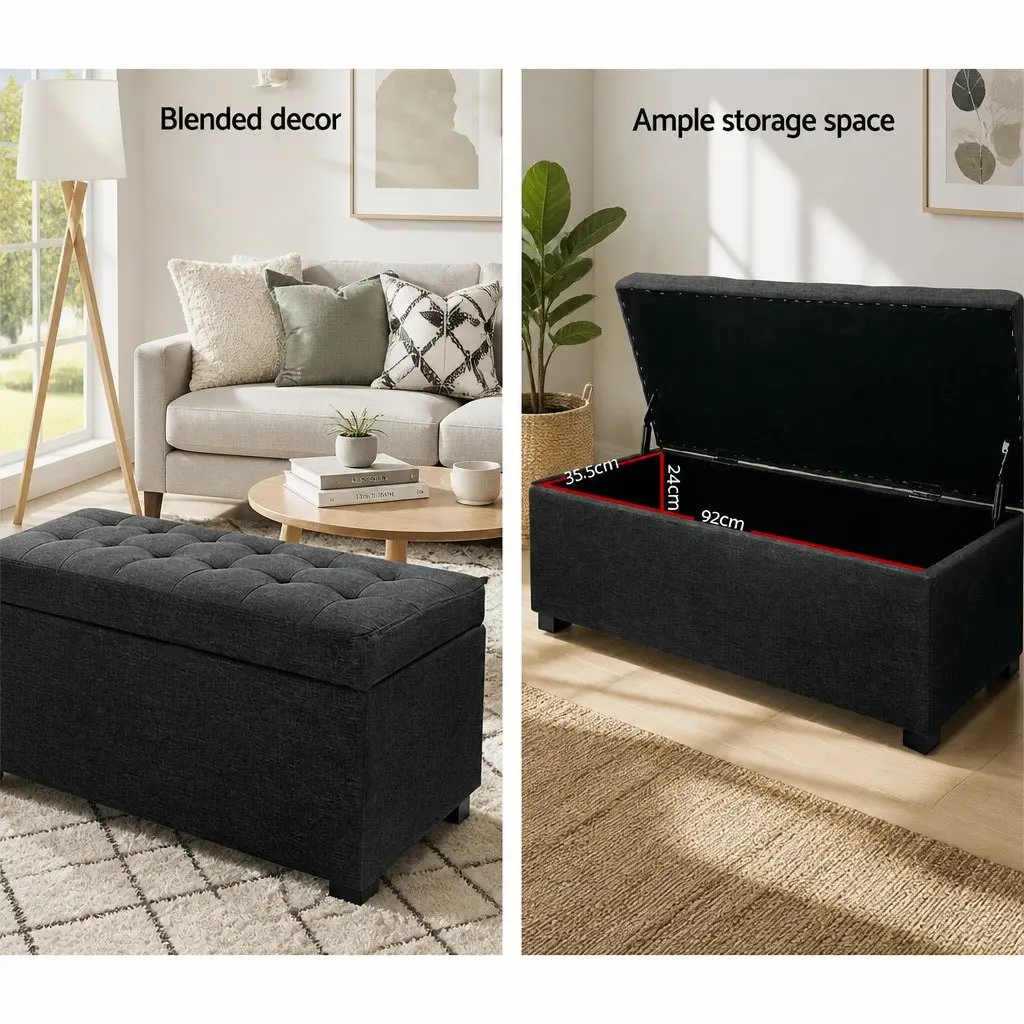 Storage Ottoman Charcoal 97cm Lift-Up Lid Faux Linen Home Furniture