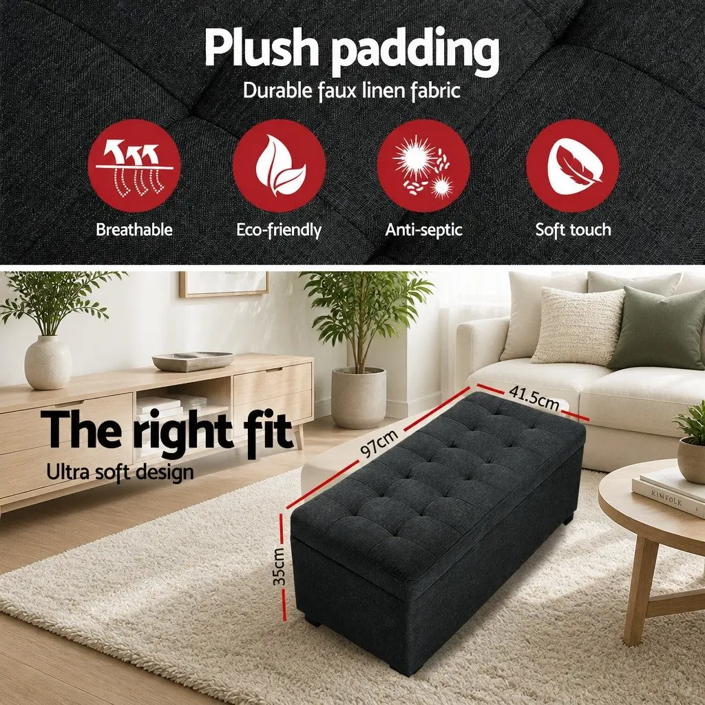 Storage Ottoman Charcoal 97cm Lift-Up Lid Faux Linen Home Furniture