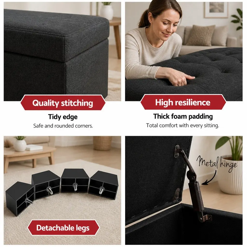 Storage Ottoman Charcoal 97cm Lift-Up Lid Faux Linen Home Furniture