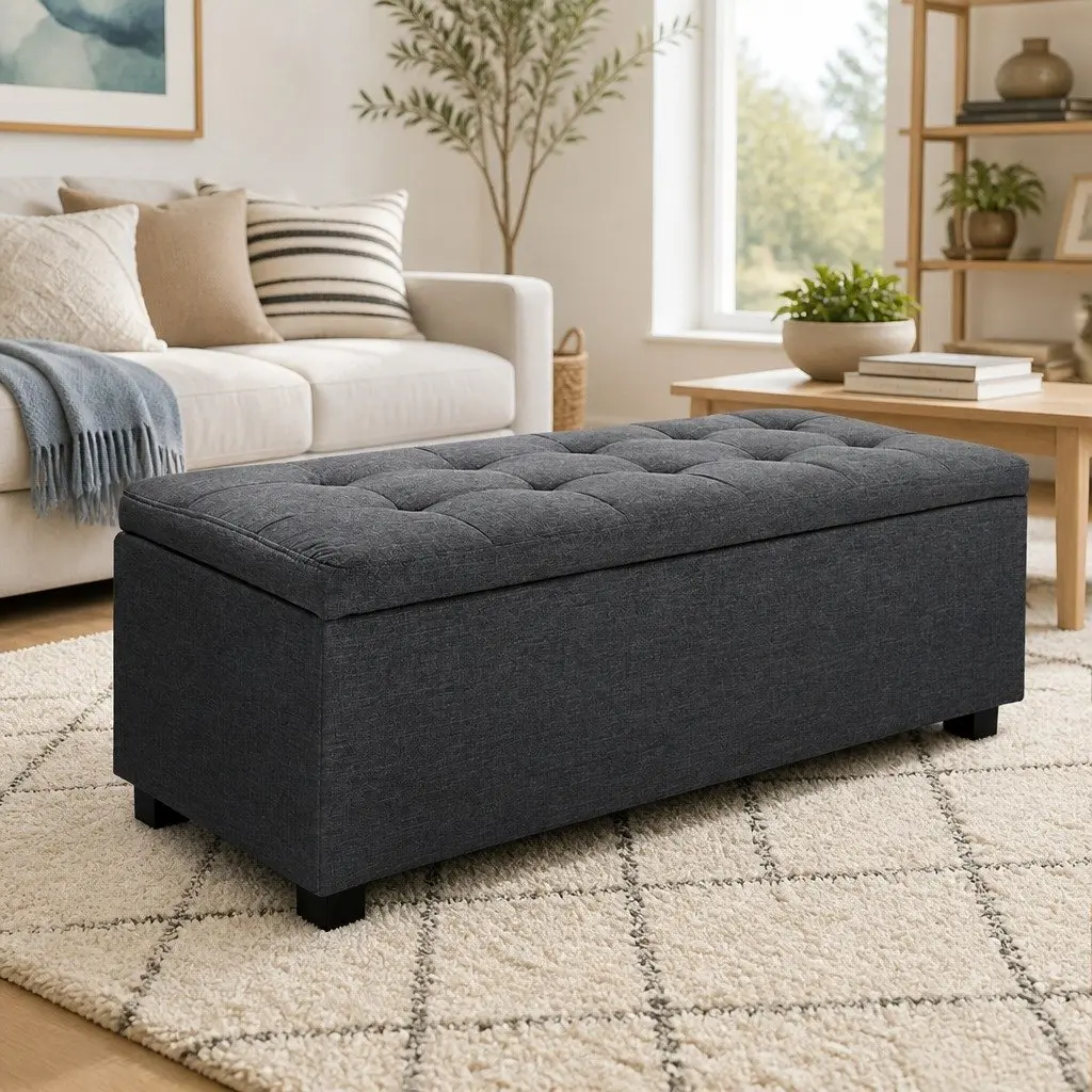 Storage Ottoman Charcoal 97cm Lift-Up Lid Faux Linen Home Furniture