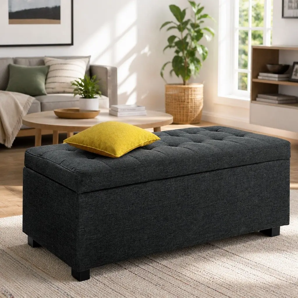 Storage Ottoman Charcoal 97cm Lift-Up Lid Faux Linen Home Furniture