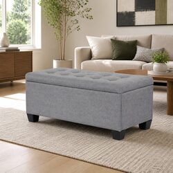 Compact Grey Linen Ottoman with Ample Storage Space