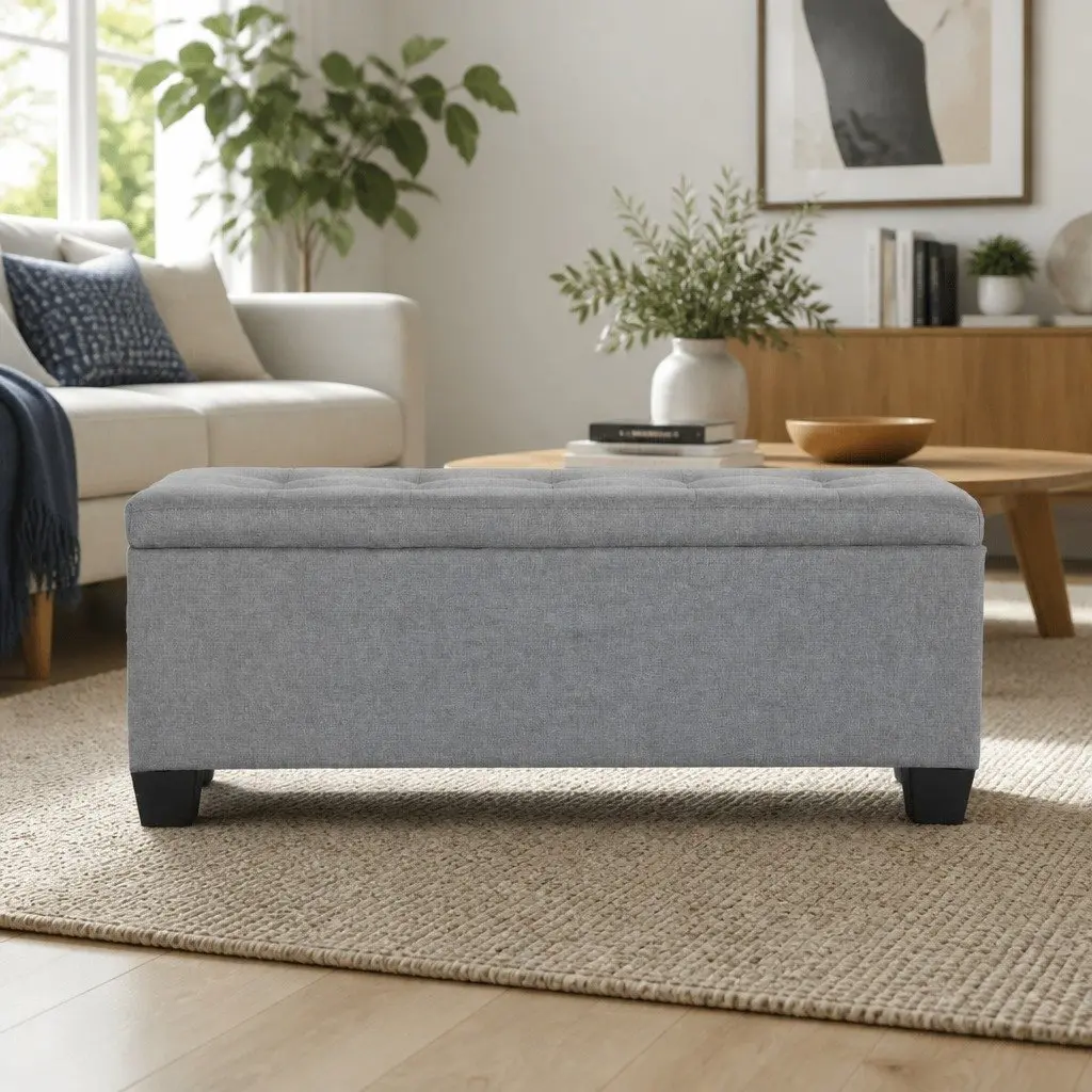 Storage Ottoman Grey 97cm Lift-Up Lid Multifunctional Furniture