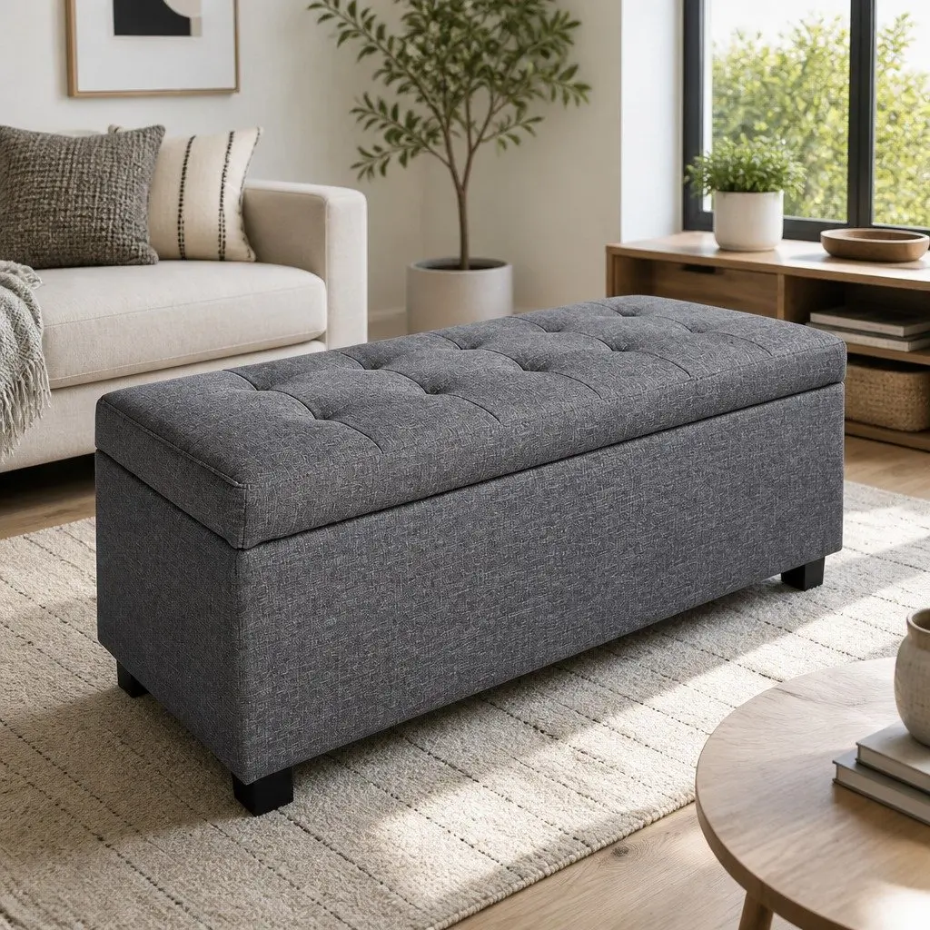 Storage Ottoman Grey 97cm Lift-Up Lid Multifunctional Furniture