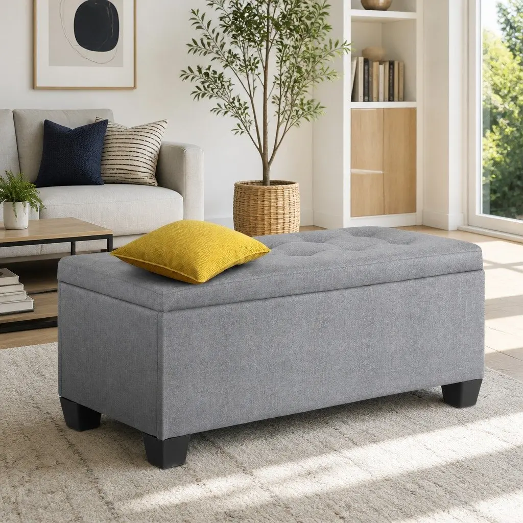 Storage Ottoman Grey 97cm Lift-Up Lid Multifunctional Furniture