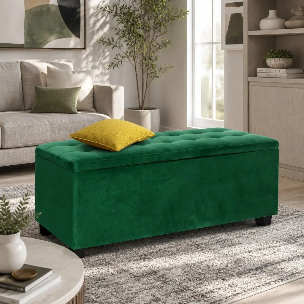 Storage Ottoman Blanket Box 97cm Velvet Upholstered Tufted Seat with Lift-up Lid