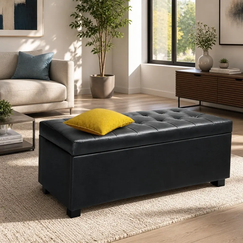 Storage Ottoman Black 97cm Lift-Top Faux Leather Furniture Living Room Footrest