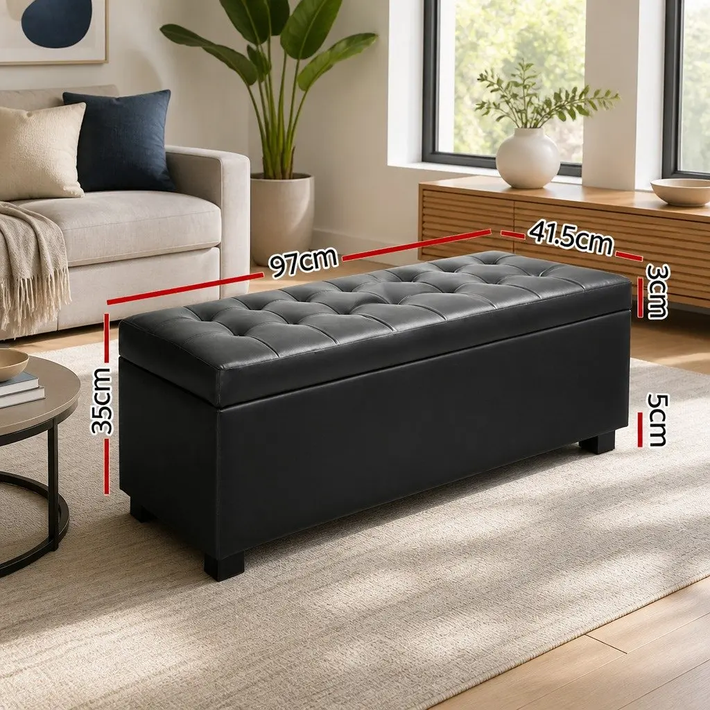 Storage Ottoman Black 97cm Lift-Top Faux Leather Furniture Living Room Footrest