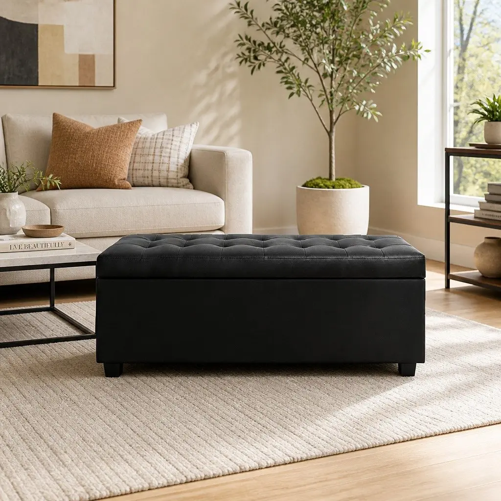 Storage Ottoman Black 97cm Lift-Top Faux Leather Furniture Living Room Footrest