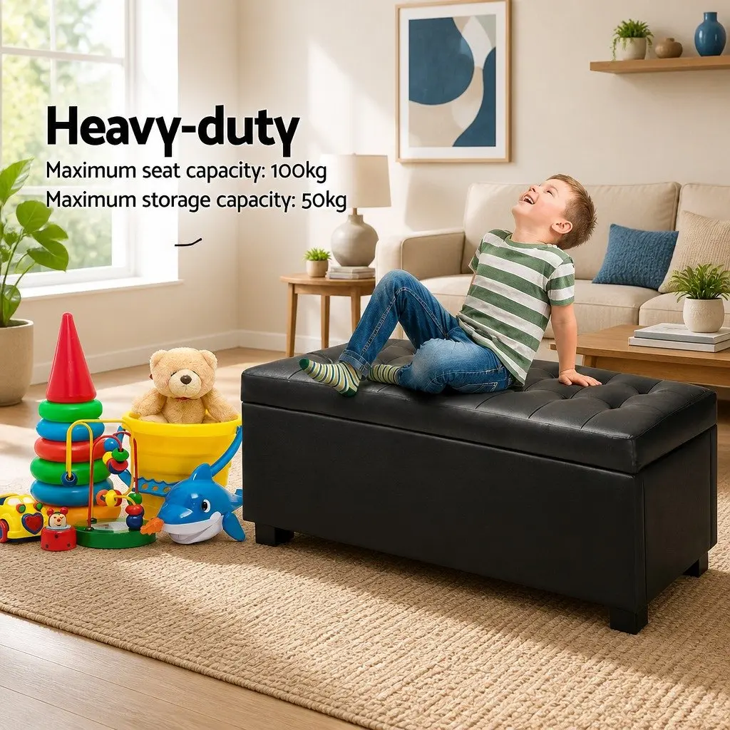 Storage Ottoman Black 97cm Lift-Top Faux Leather Furniture Living Room Footrest