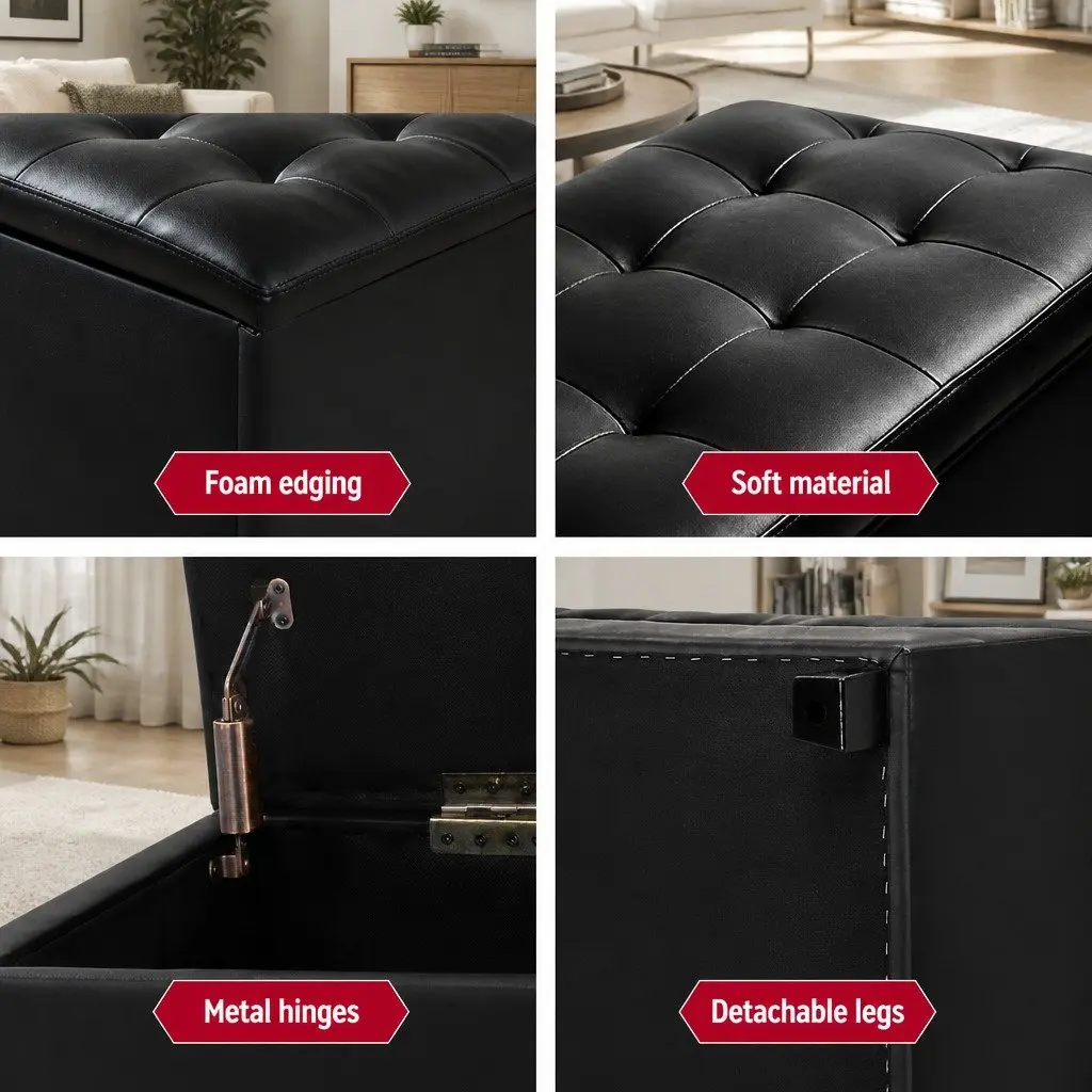 Storage Ottoman Black 97cm Lift-Top Faux Leather Furniture Living Room Footrest
