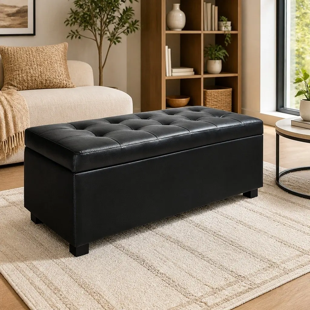 Storage Ottoman Black 97cm Lift-Top Faux Leather Furniture Living Room Footrest