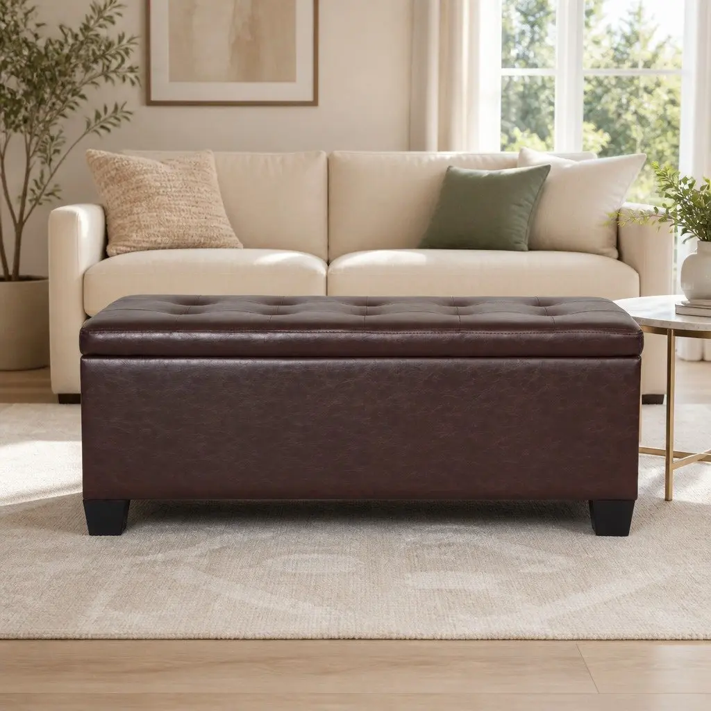 Storage Ottoman Blanket Box 97cm Brown Lift-Up Lid Faux Leather Furniture