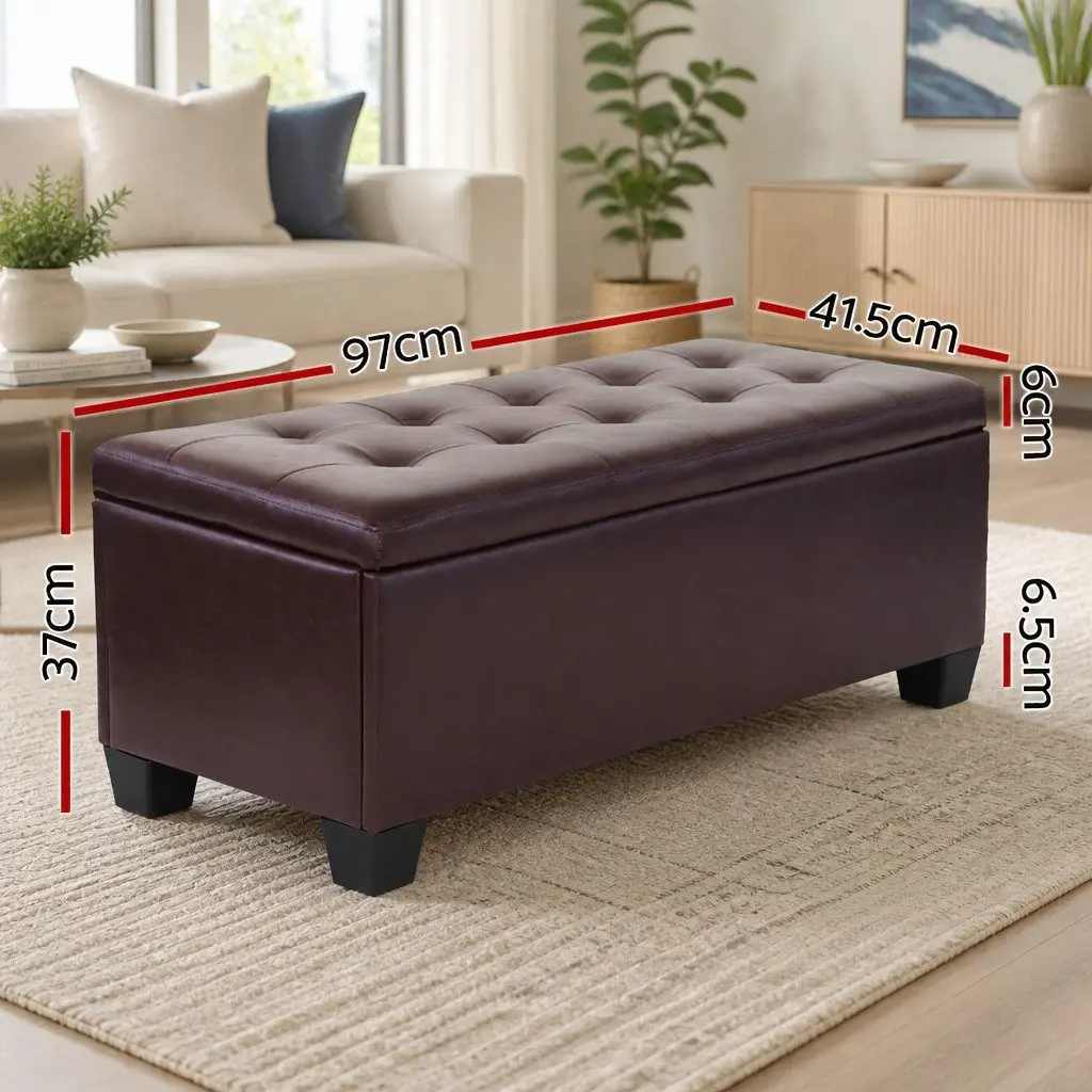 Storage Ottoman Blanket Box 97cm Brown Lift-Up Lid Faux Leather Furniture