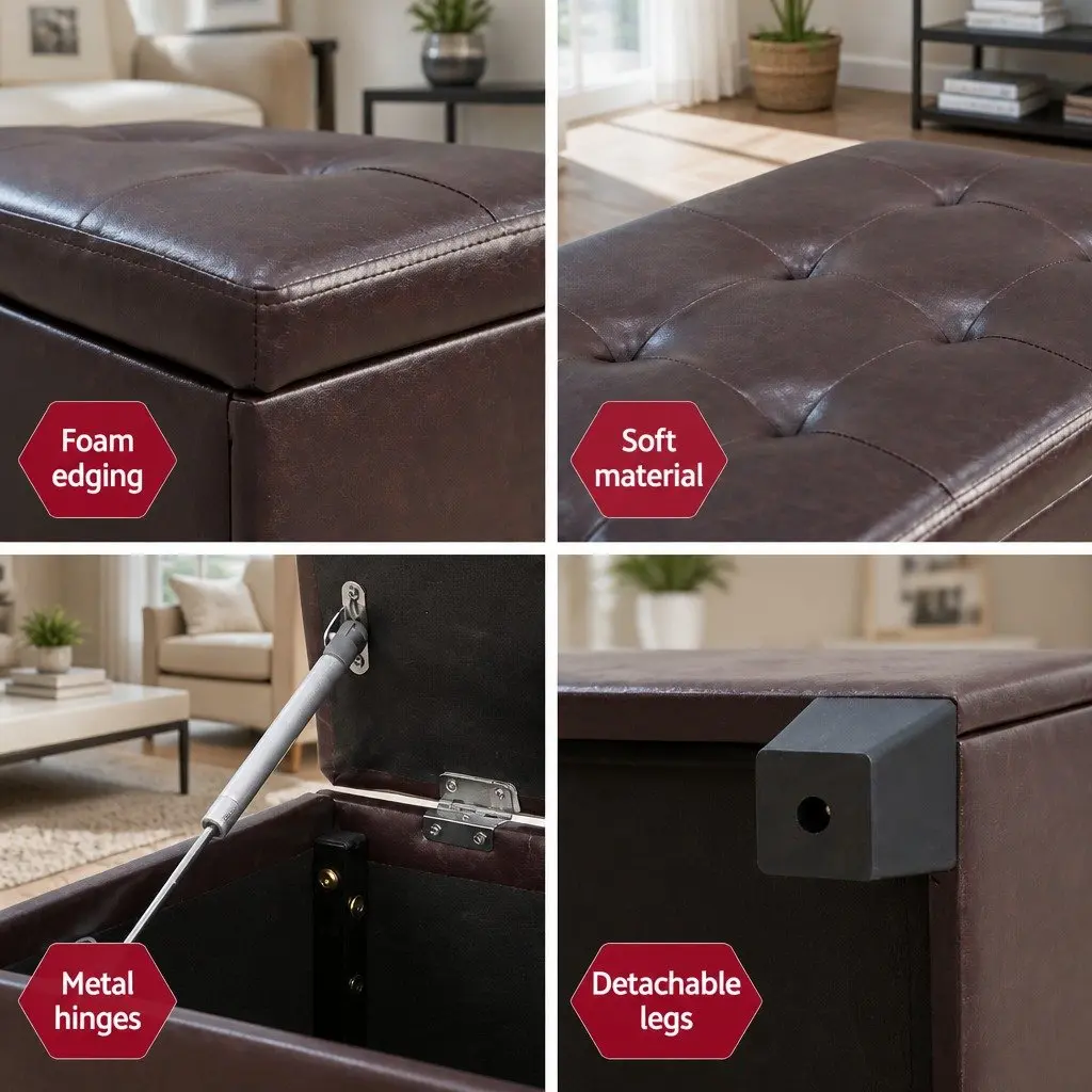 Storage Ottoman Blanket Box 97cm Brown Lift-Up Lid Faux Leather Furniture
