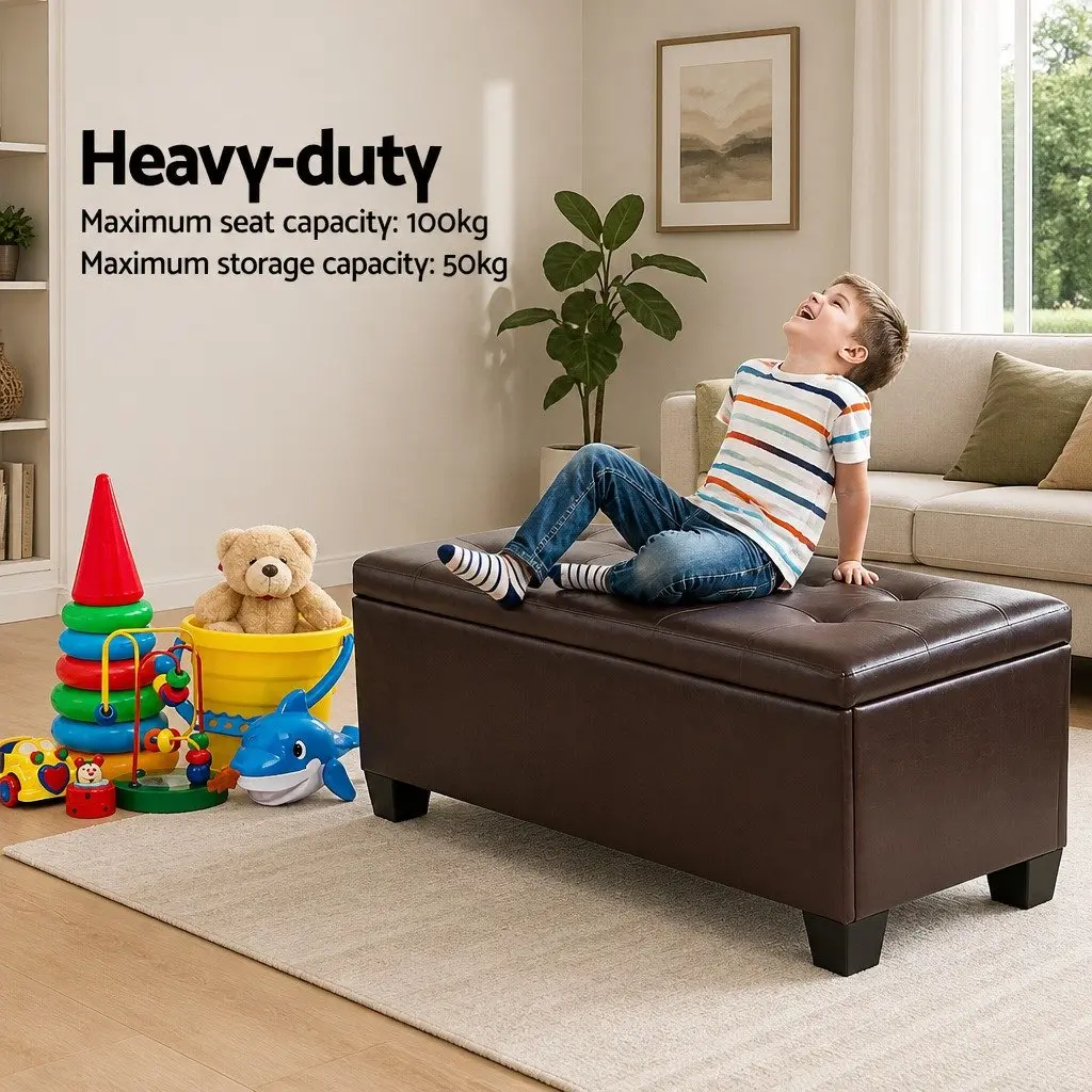 Storage Ottoman Blanket Box 97cm Brown Lift-Up Lid Faux Leather Furniture