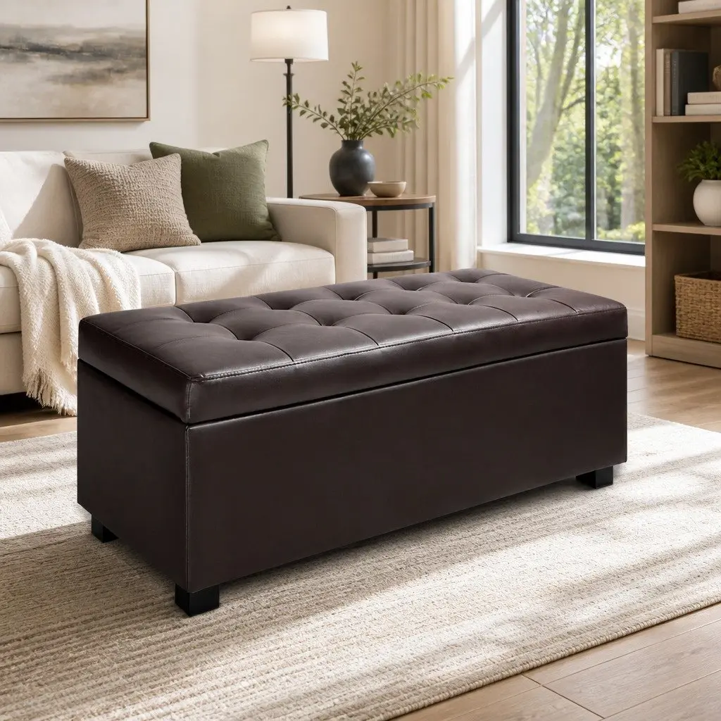 Storage Ottoman Blanket Box 97cm Brown Lift-Up Lid Faux Leather Furniture