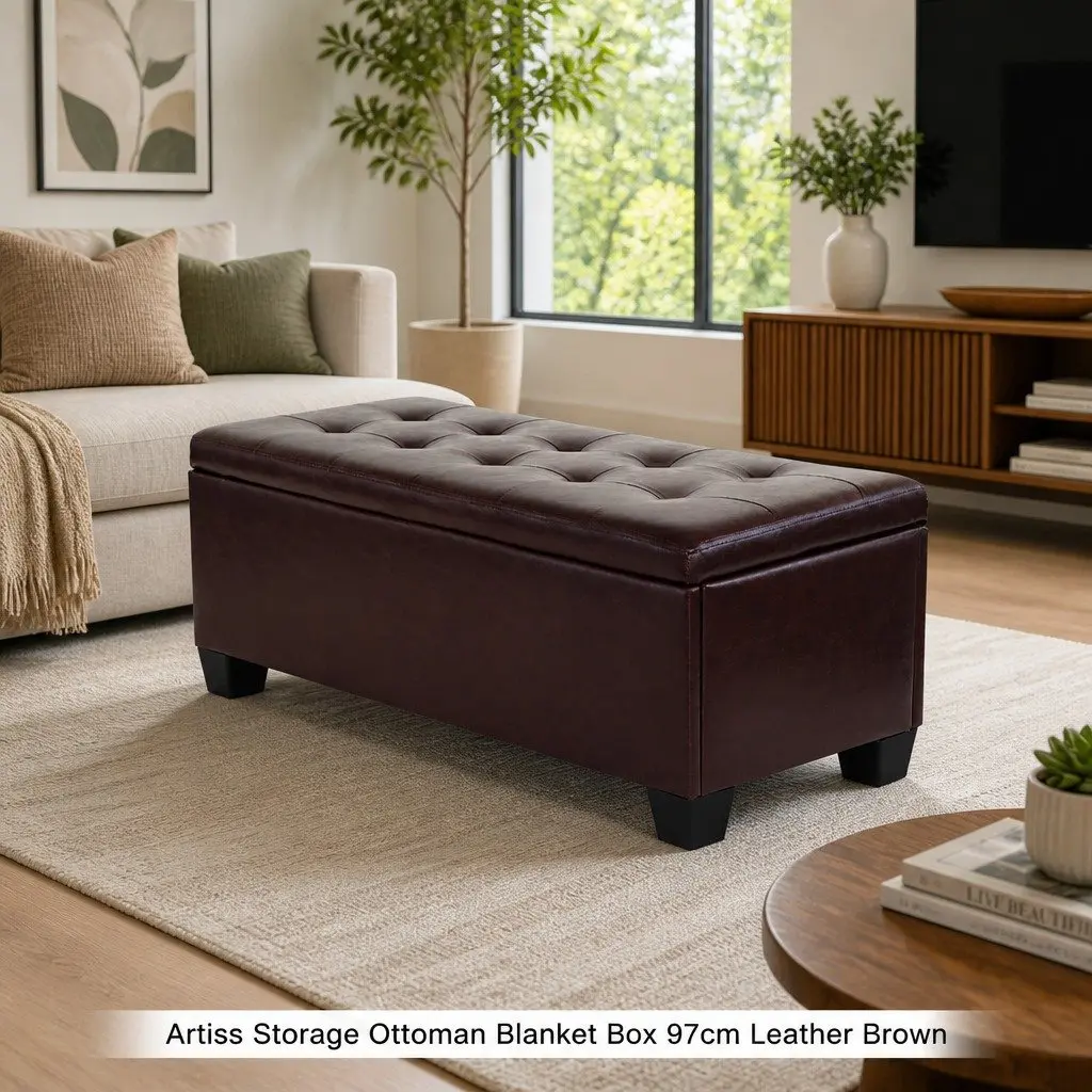 Storage Ottoman Blanket Box 97cm Brown Lift-Up Lid Faux Leather Furniture