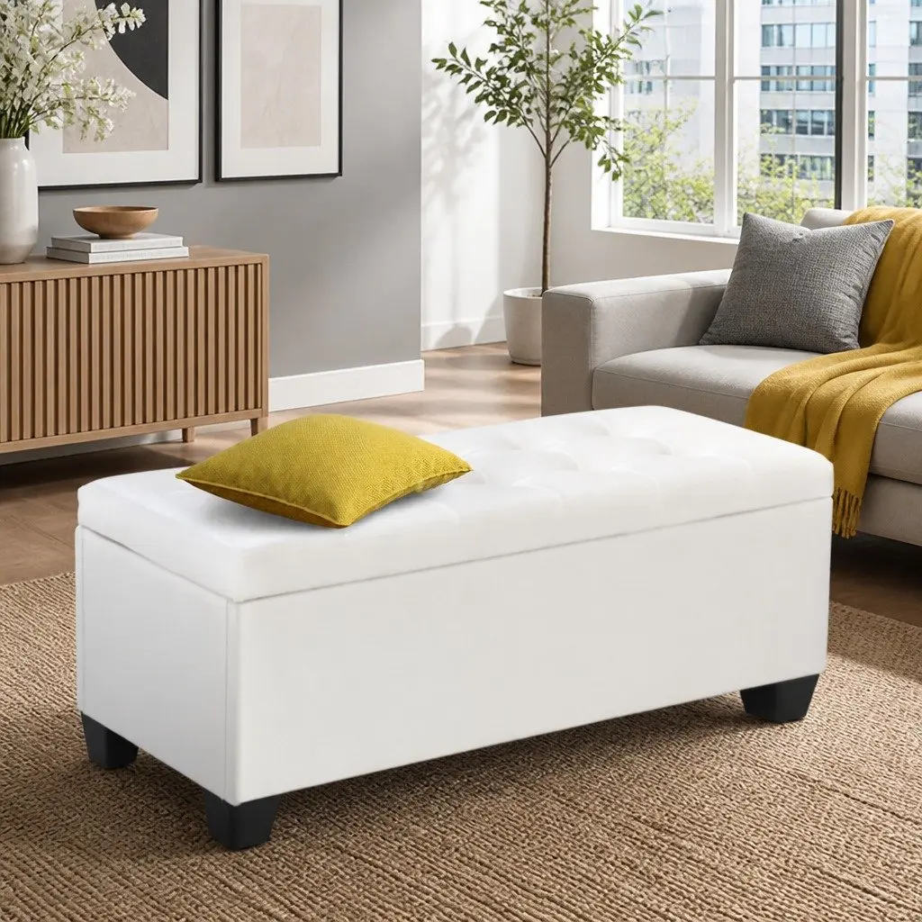 Storage Ottoman Blanket Box 97cm Lift-Up Lid White Faux Leather Footstool