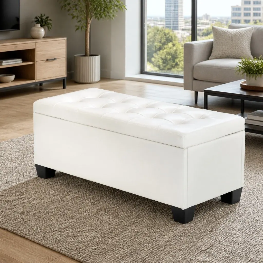 Storage Ottoman White 97cm Lift-Up Lid Faux Leather Footstool