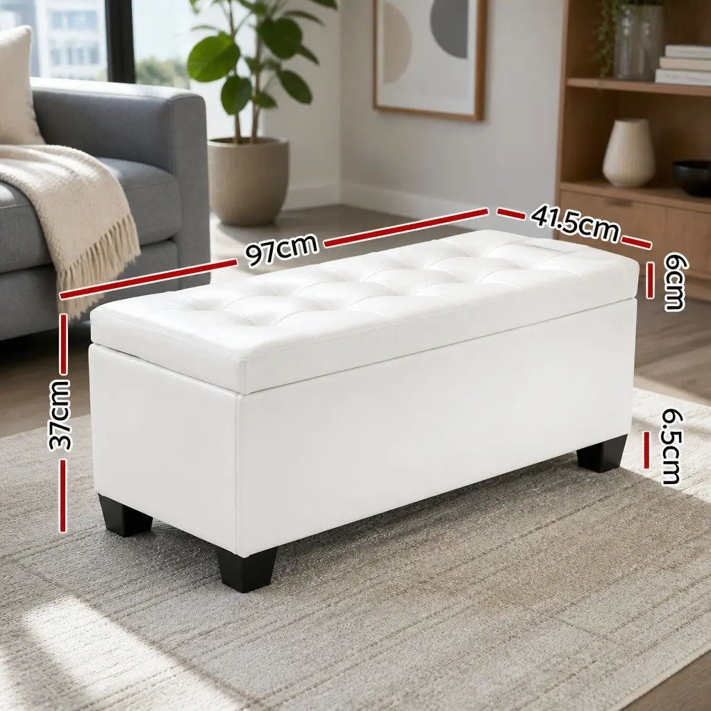 Storage Ottoman White 97cm Lift-Up Lid Faux Leather Footstool