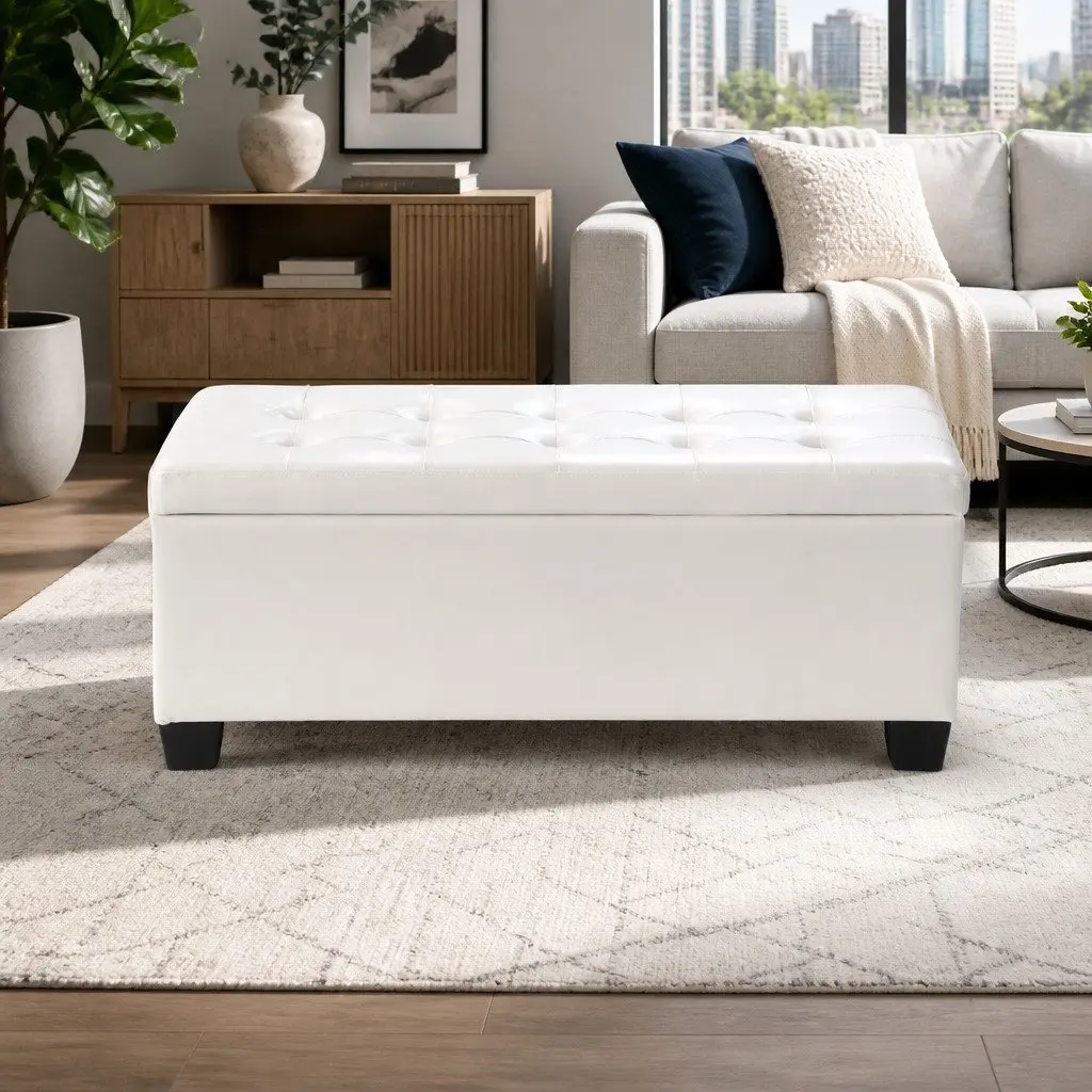 Storage Ottoman White 97cm Lift-Up Lid Faux Leather Footstool
