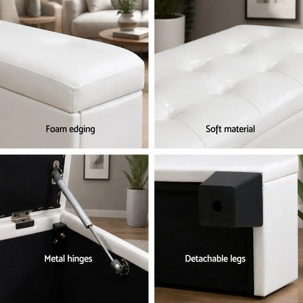 Storage Ottoman White 97cm Lift-Up Lid Faux Leather Footstool